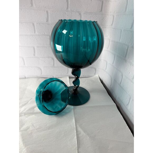 Vintage Empoli Glass Teal Peacock Blue Circus Tent Apothecary Jar - Picture 8 of 9